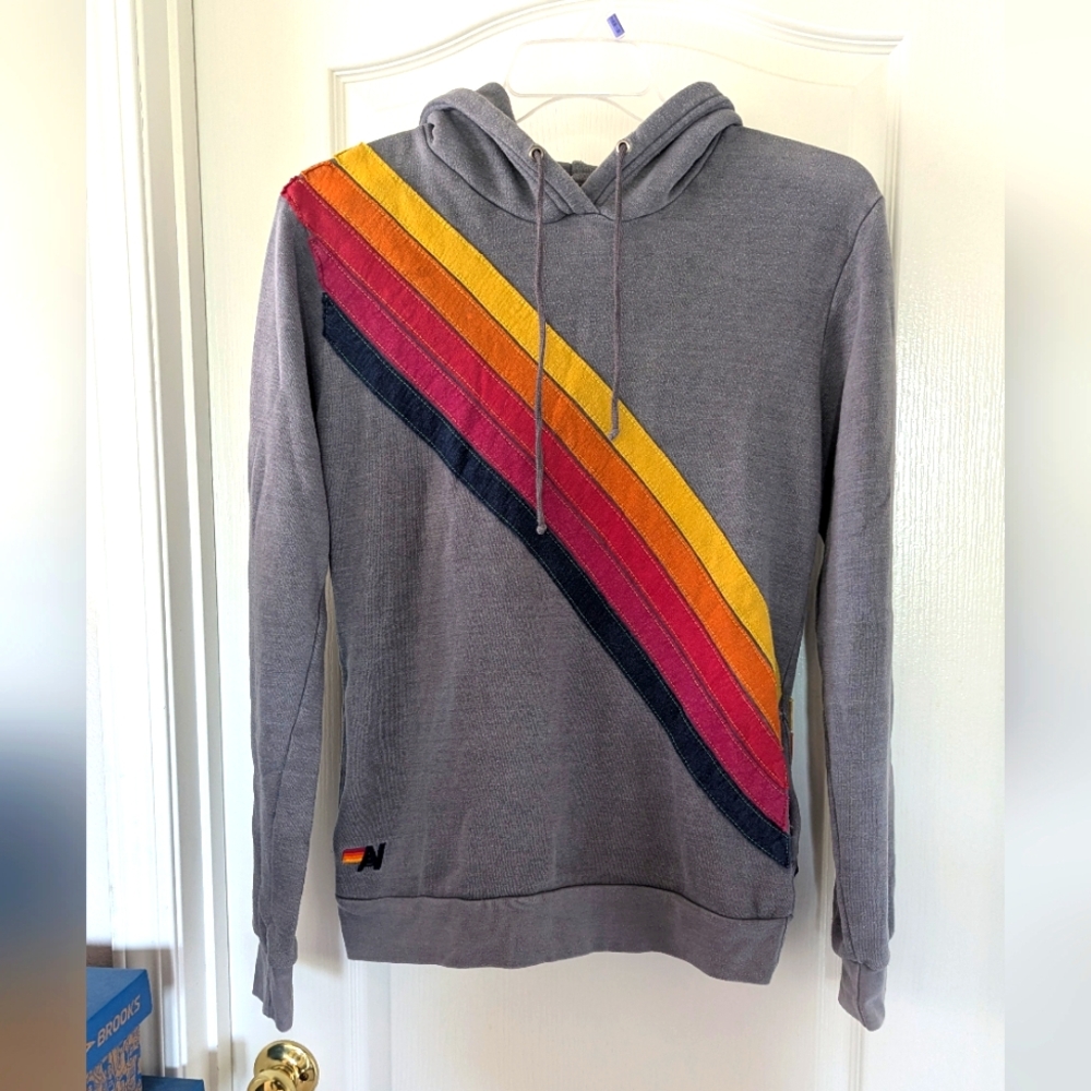 Aviator Nation Gray Disco Stripe Hoodie. Size Medium